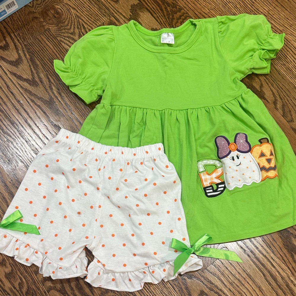 Green Halloween Top and Polka Dot Shorts Set